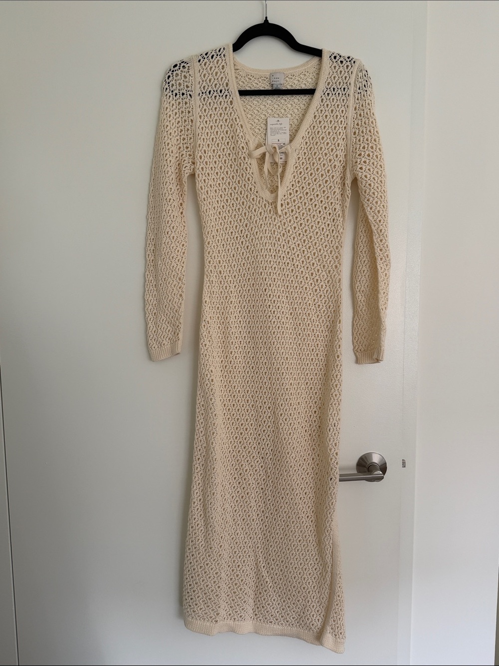 NWT A New Day Cream Long Sleeve Crochet Maxi Dress with V-Neck Tie